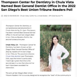 Thompson Center for Dentistry in Chula Vista was recently voted Best General Dentist Office of 2022 in the annual San Diego’s Best Union-Tribune Readers Poll.